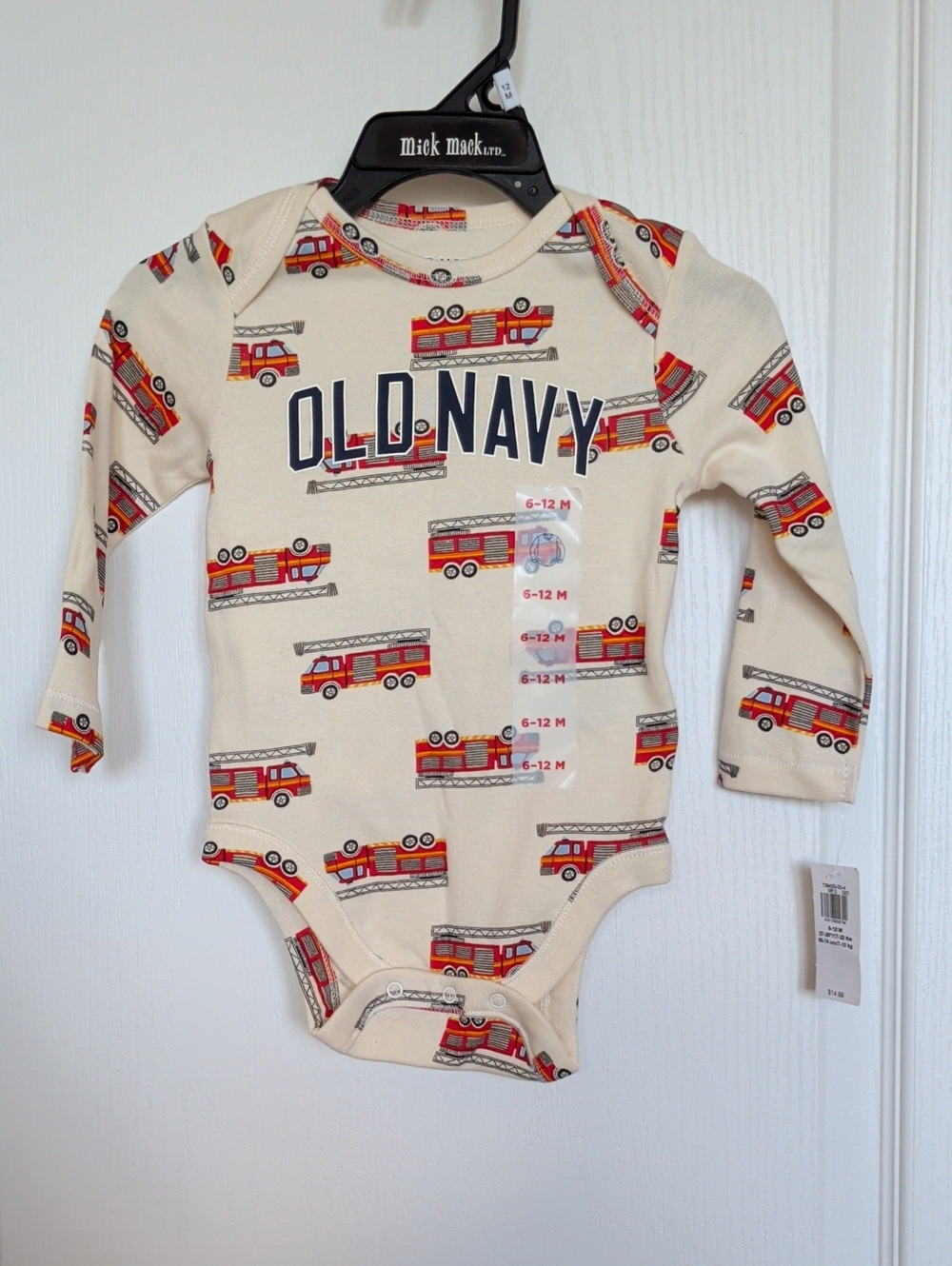 Old Navy Cream Long-Sleeve Baby One-Piece with Red Firetruck Print